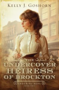 Cover of The Undercover Heiress by Kelly J. Goshorn, female journalist with blonde hair, glasses, and a notebook in hand