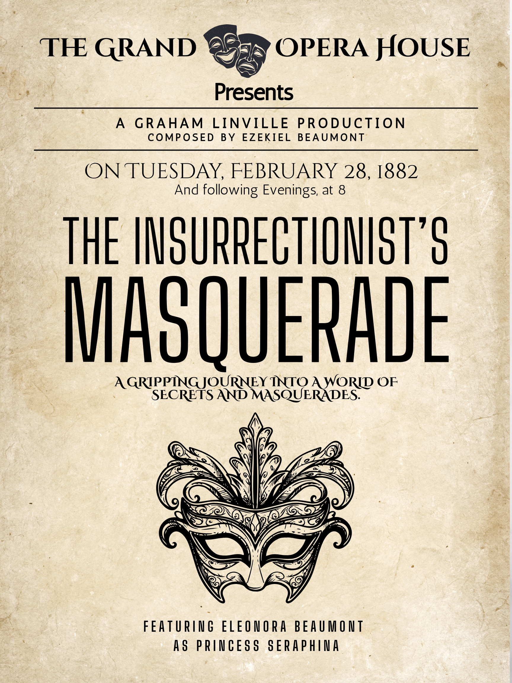 First page of the playbill for The Insurrectionist's Masquerade